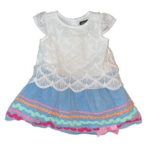 9-12M Baby Girl White Lace/Multi-Colored Dress 100% Cotton